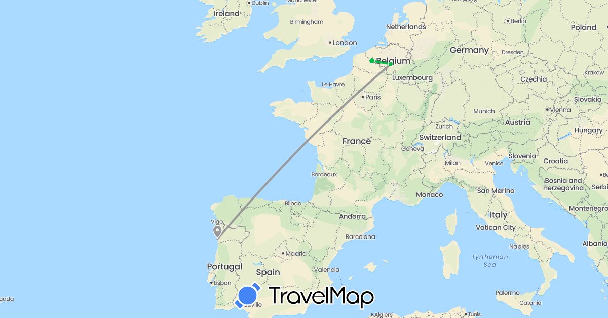 TravelMap itinerary: driving, bus, plane in Belgium, France, Portugal (Europe)